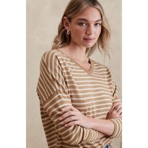 Banana Republic Factory Vneck Forever Stripes Sweater, Tan White, Viscose Blend